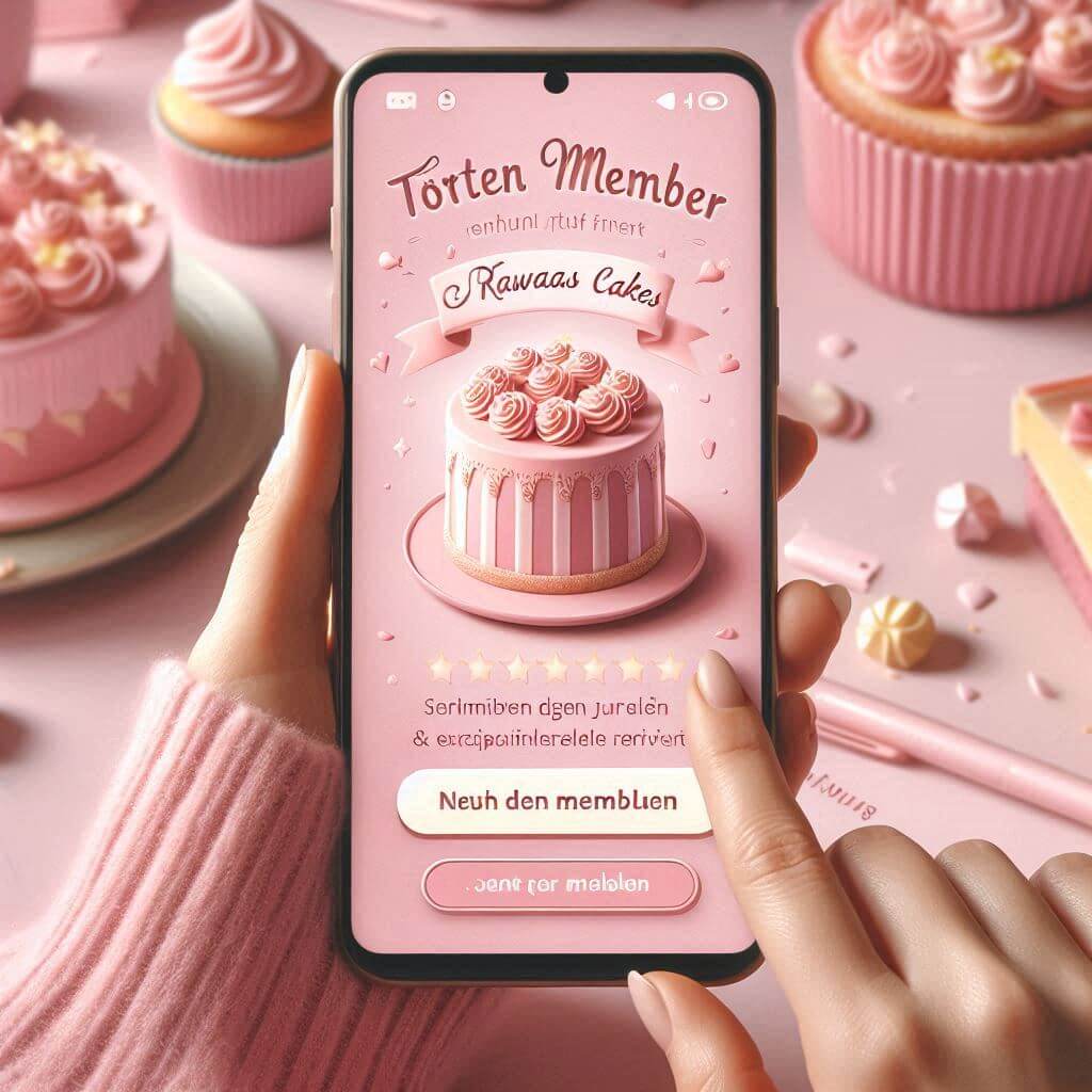 Designer (3) Bild mit einem handy auf dem Bildschirm wird eine App von Rawaas Cakes angezeigt. Torten-Club Mitglied.