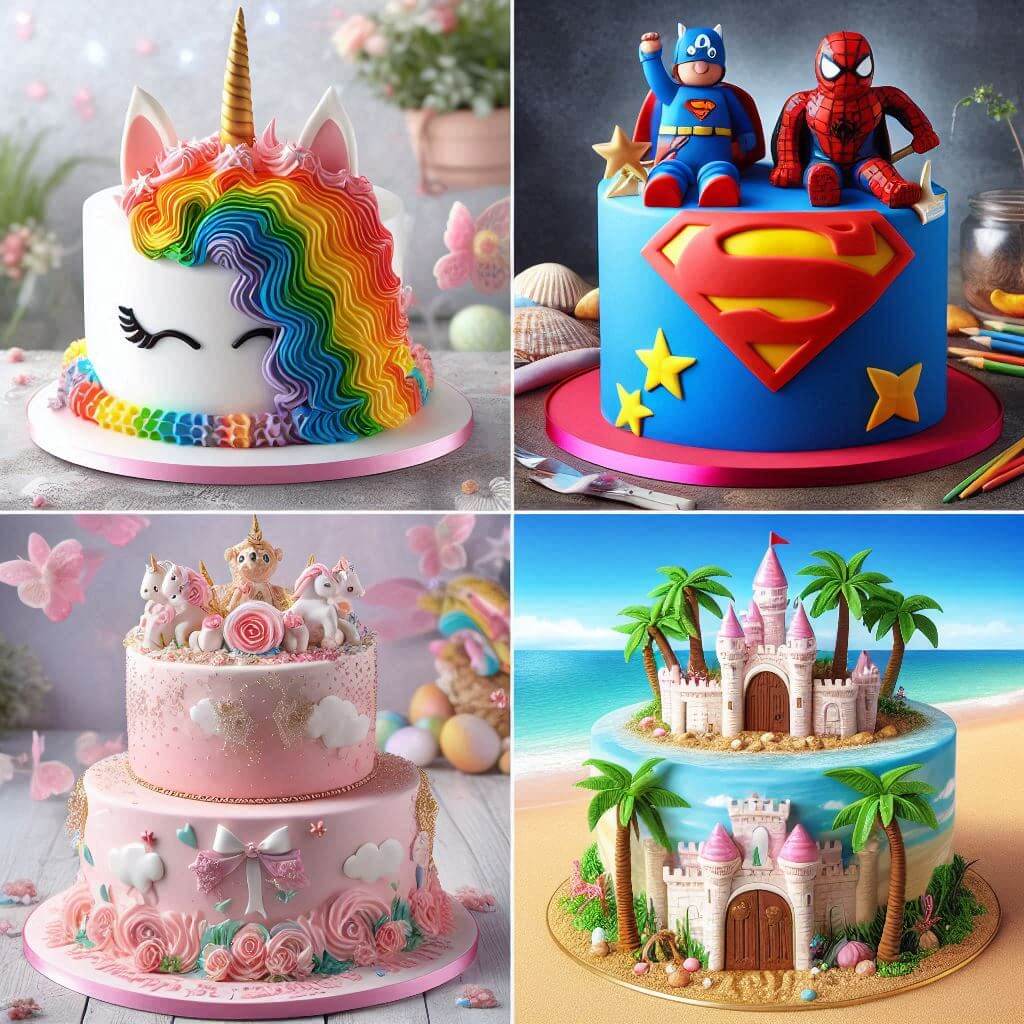 Designer (4) (1) 4 Gebuartstagstorten oben Links ein Einhorhntorte, Oben Rechts Blaue Spiderman Vs Superman Torte mit sternen und Figuren , Unten Links, Doppelstöckige Prinzesinen Torte mit Schleifen, Einhörnern und Blumen in Rosa, unten Links Zweistöckige Torten mit einem Schloss auf einer Insel