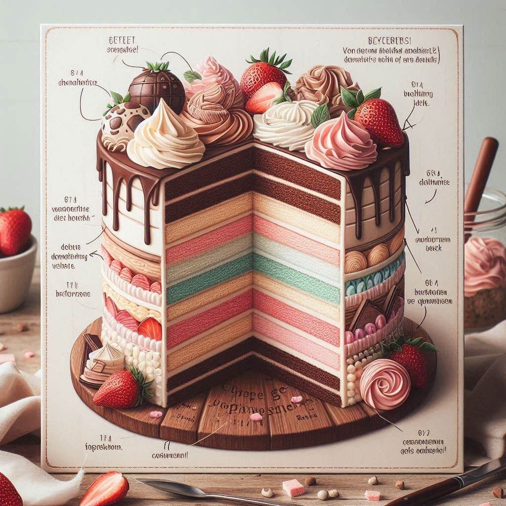 Geschmacksrichrung Torte die verschiedene Gechmacksrichtugen zeigt, jede Schicht hat einen anderen Geschmack.