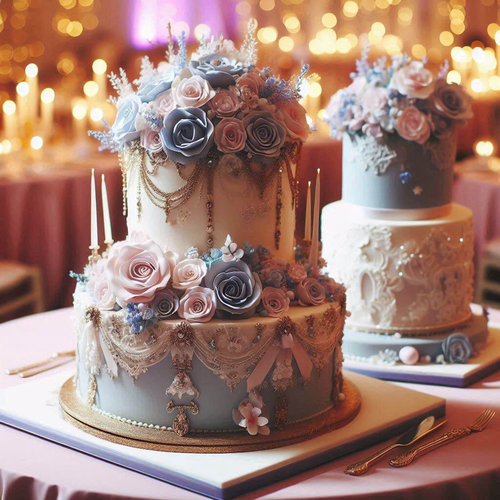 Hochzeitstorte Trendige Hochzeitstorte mit modernen Designs für 2024. Individuell gestaltete Hochzeitstorte in den Farben Babyblau, Rosa, Weiß und Glitzer. Dekoriert mit Rosen und Silber ketten.